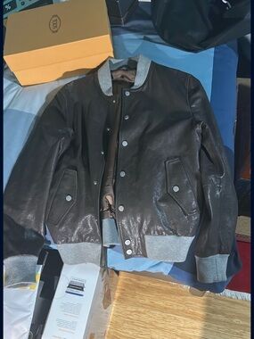 Eleventy Dark Brown Leather Bomber Jacket with Gray Rib Trim